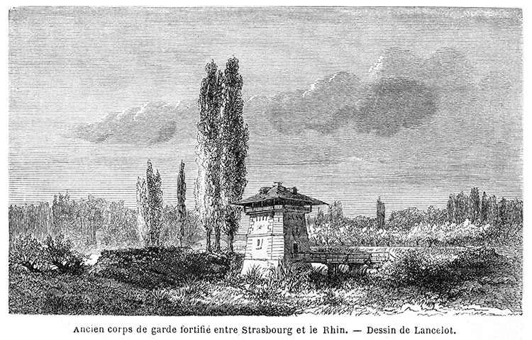 Corps de garde aux environs de Strasbourg vers 1860 - gravure reproduite puis restaurée numériquement par © Norbert Pousseur