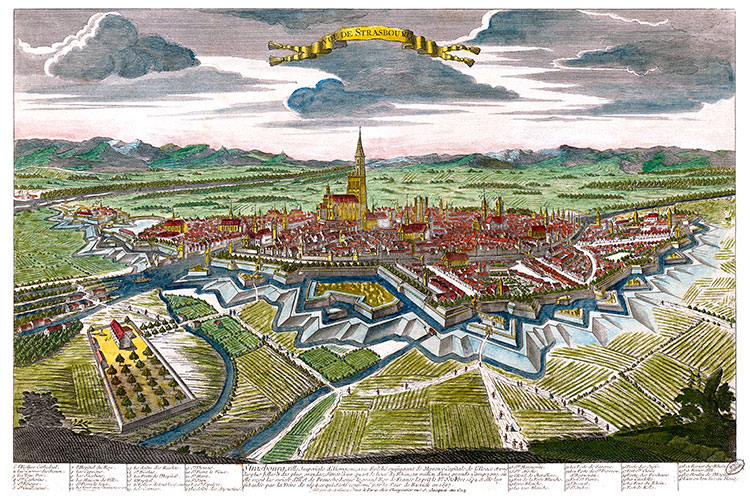 Panorama de Strasbourg vers 1720 - gravure d'Antoine Aveline reproduite par la BNF puis traitée numériquement par © Norbert Pousseur