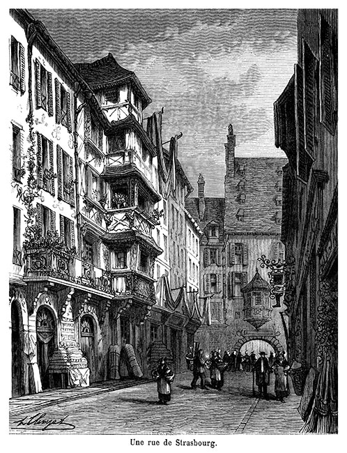 Une rue de Strasbourg vers 1870 - gravure reproduite puis restaurée numériquement par © Norbert Pousseur
