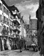 Pour zoom, Une rue de Strasbourg vers 1870 - gravure reproduite puis restaurée numériquement par © Norbert Pousseur