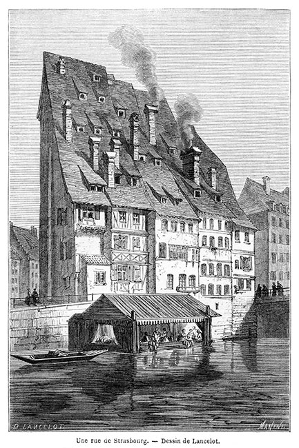 Lavoir sur pilotis à Strasbourg vers 1880 1840 - gravure reproduite puis restaurée numériquement par © Norbert Pousseur