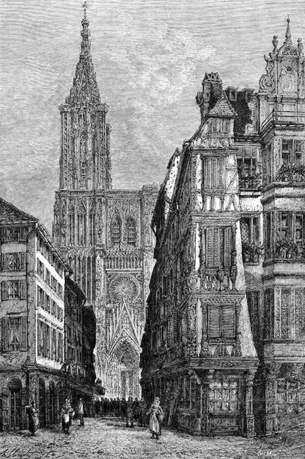 La rue Mercie à Strasbourg vers 1870 - gravure reproduite puis restaurée numériquement par © Norbert Pousseur