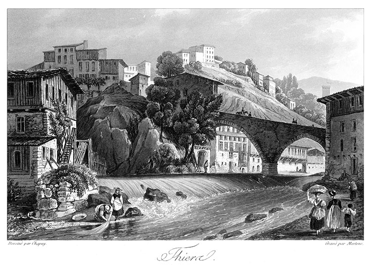 Thiers et son pont sur la Durolle, vers 1830 - gravure reproduite et restaurée numériquement par © Norbert Pousseur Thiers et son pont sur la Durolle, vers 1830 - gravure reproduite et restaurée numériquement par © Norbert Pousseur