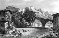 Zoom sur Thiers et son pont sur la Durolle, vers 1830 - gravure reproduite et restaurée numériquement par © Norbert Pousseur