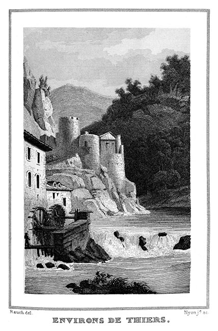 Environs de Thiers vers 1835 - gravure de Rauch, reproduite puis restaurée numériquement par © Norbert Pousseur