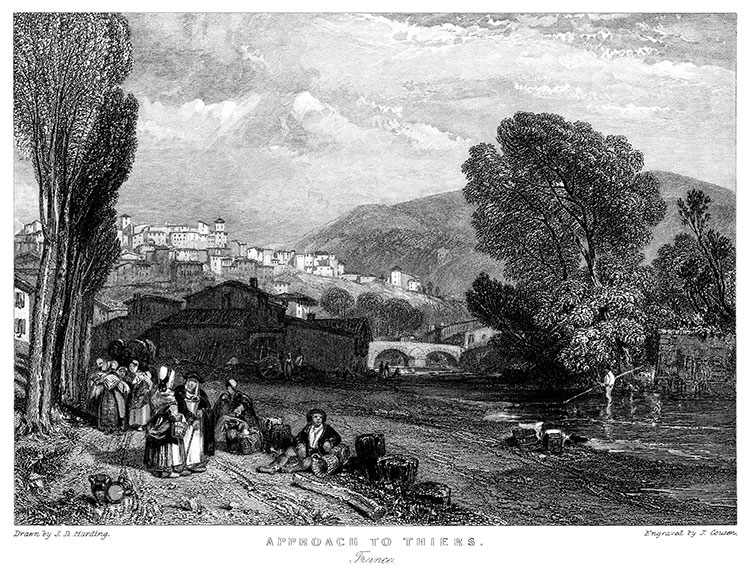 Thiers depuis la plaine de la Durolle, vers 1830 - gravure reproduite et restaurée numériquement par © Norbert Pousseur Thiers depuis la plaine de la Durolle, vers 1830 - gravure reproduite et restaurée numériquement par © Norbert Pousseur