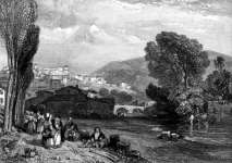 Zoom sur Thiers depuis la plaine de la Durolle, vers 1830 - gravure reproduite et restaurée numériquement par © Norbert Pousseur