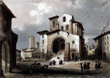Zoom sur La cathédrale-église St Genès de Thiers vers 1855 - gravure reproduite et restaurée numériquement par © Norbert Pousseur