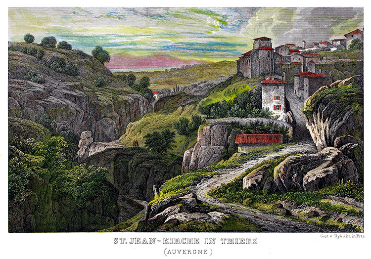 Thiers, du côté de l'église St Jean vers 1845 - gravure reproduite et restaurée numériquement par © Norbert Pousseur