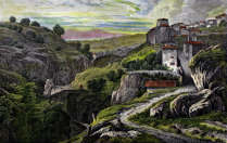 Zoom sur Thiers, du côté de l'église St Jean vers 1845 - gravure reproduite et restaurée numériquement par © Norbert Pousseur