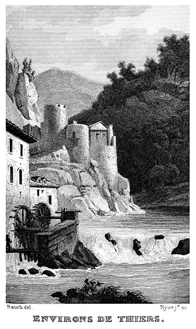 Environs de Thiers vers 1835 - gravure de Rauch, reproduite puis restaurée numériquement par © Norbert Pousseur