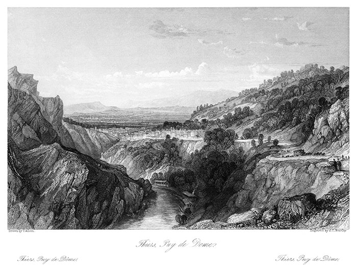 Thiers dans le Puy de Dôme vers 1850 - gravure de Thomas Allom, reproduite puis restaurée numériquement par © Norbert Pousseur