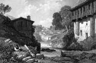 Zoom sur La Durolle coulant au centre de Thiers vers 1840 - gravure reproduite et restaurée numériquement par © Norbert Pousseur