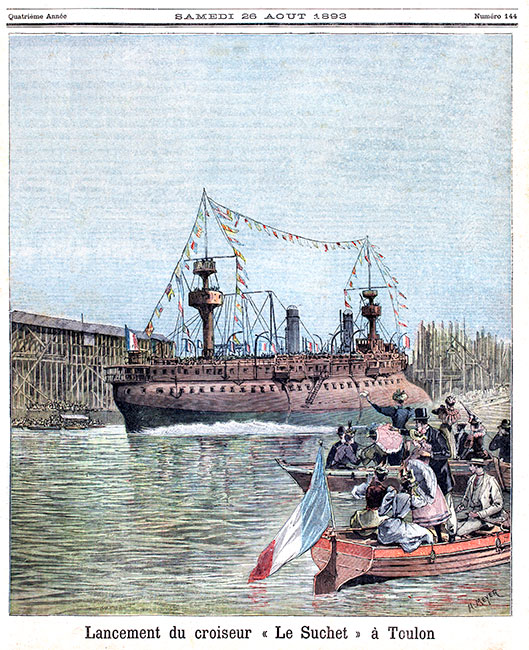 Lancement du croiseur 'Le Suchet' à Toulon, en 1893  - illustration colorisée reproduite et restaurée par © Norbert Pousseur