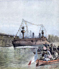 Pour zoom, Lancement du croiseur 'Le Suchet' à Toulon, en 1893  - illustration colorisée reproduite et restaurée par © Norbert Pousseur