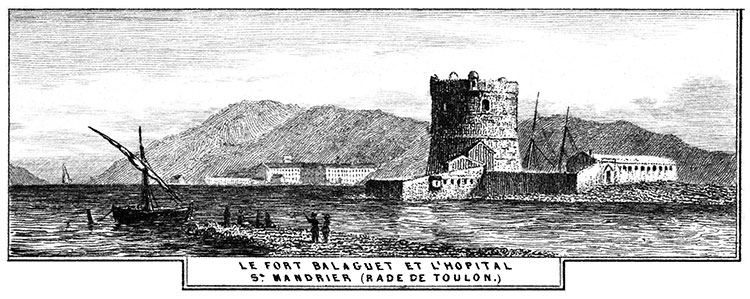 Le fort Balaguet et l'Hôpital St Mandrier de Toulon vers 1850 - gravure  reproduite et restaurée par © Norbert Pousseur