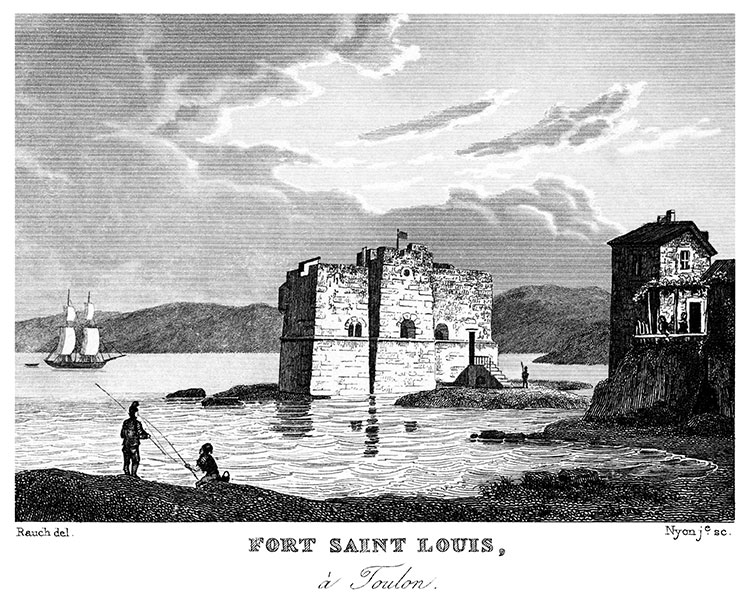 Le fort St Louis (des Vignettes)  à Toulon, vers 1835 - gravure  reproduite et restaurée par © Norbert Pousseur