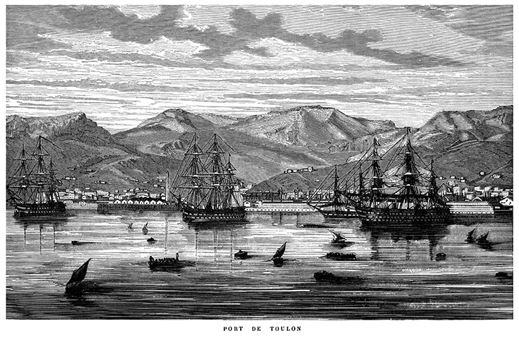 Les navires dans le port de Toulon vers 1885 - gravure  reproduite et restaurée par © Norbert Pousseur