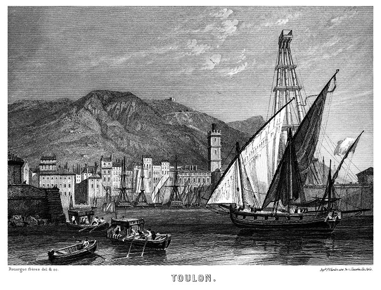Toulon, depuis son port vers 1850  - gravure  reproduite et restaurée par © Norbert Pousseur