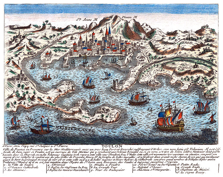 Toulon et sa rade vers 1770 - gravure  numérisée par ©  l'INHA, restaurée numériquement par © Norbert Pousseur