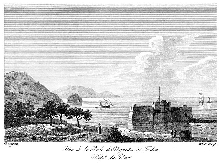 La rade des Vignettes à Toulon, vers 1825 - gravure de Rauch,  reproduite et restaurée par © Norbert Pousseur