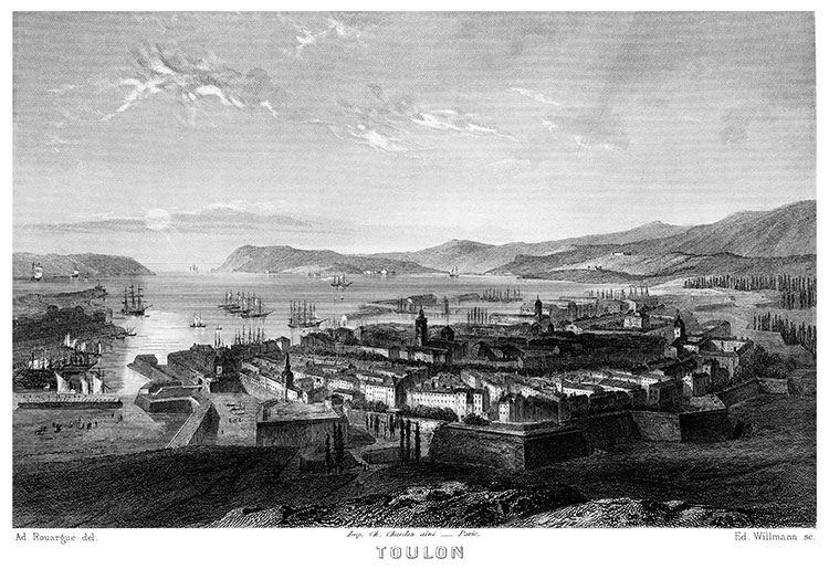 Toulon, la ville et le port, vers1860  - gravure de Baugean reproduite et restaurée par © Norbert Pousseur