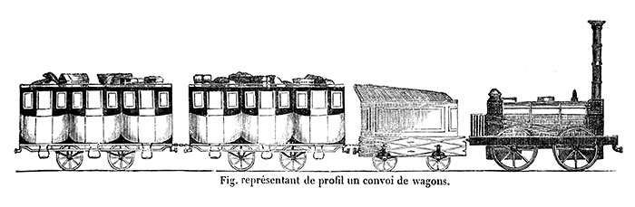 Train de voyageurs vers 1830 - gravure reproduite puis restaurée par © Norbert Pousseur