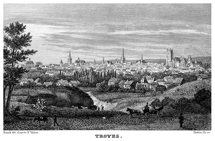 Vue générale de Troyes vers 1835 - gravure de Rauch reproduite et restaurée numériquement par © Norbert Pousseur