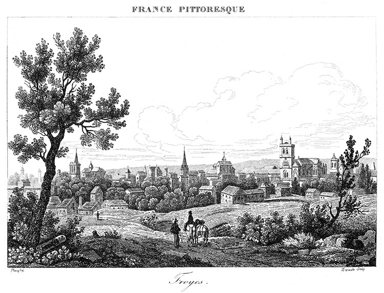 Troyes vers 1830 - gravure reproduite et restaurée numériquement par © Norbert Pousseur