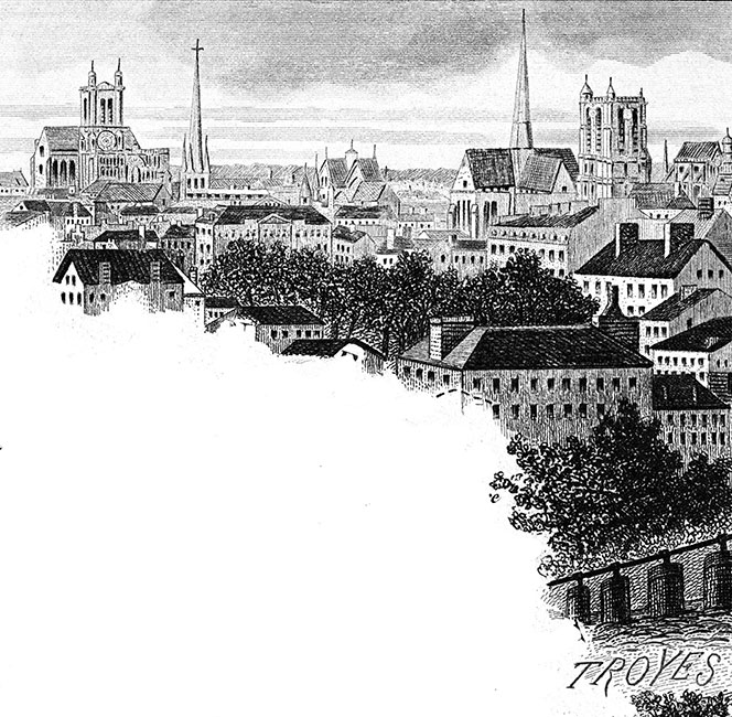 Troyes, détail de carte de 1883 - gravure reproduite et restaurée numériquement par © Norbert Pousseur