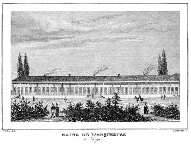 Les bains de l'Arquebuse de Troyes, vers 1835 - gravure reproduite et restaurée numériquement par © Norbert Pousseur