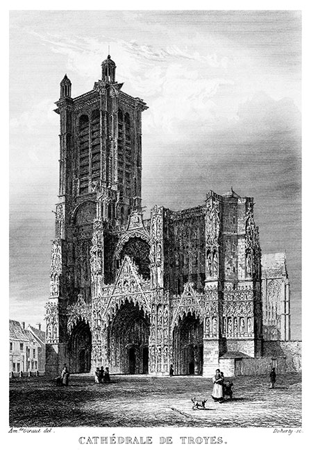 Cathédrale de Troyes vers 1850 - gravure reproduite et restaurée numériquement par © Norbert Pousseur