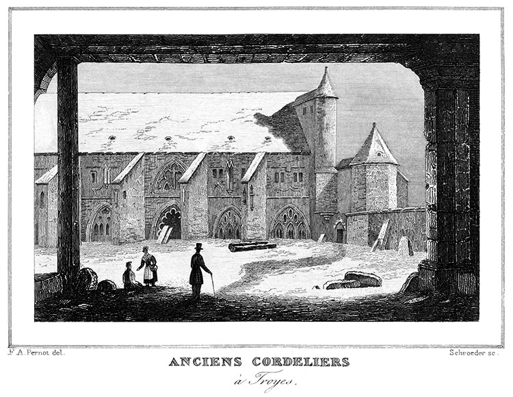 Les anciens Cordeliers  de Troyes, vers 1835 - gravure reproduite et restaurée numériquement par © Norbert Pousseur