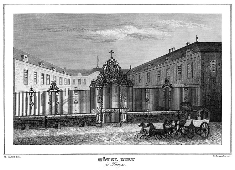 Hôtel-Dieu de Troyes, vers 1835 - gravure reproduite et restaurée numériquement par © Norbert Pousseur