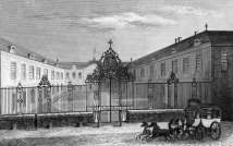 Zoom sur Hôtel-Dieu de Troyes, vers 1835 - gravure reproduite et restaurée numériquement par © Norbert Pousseur