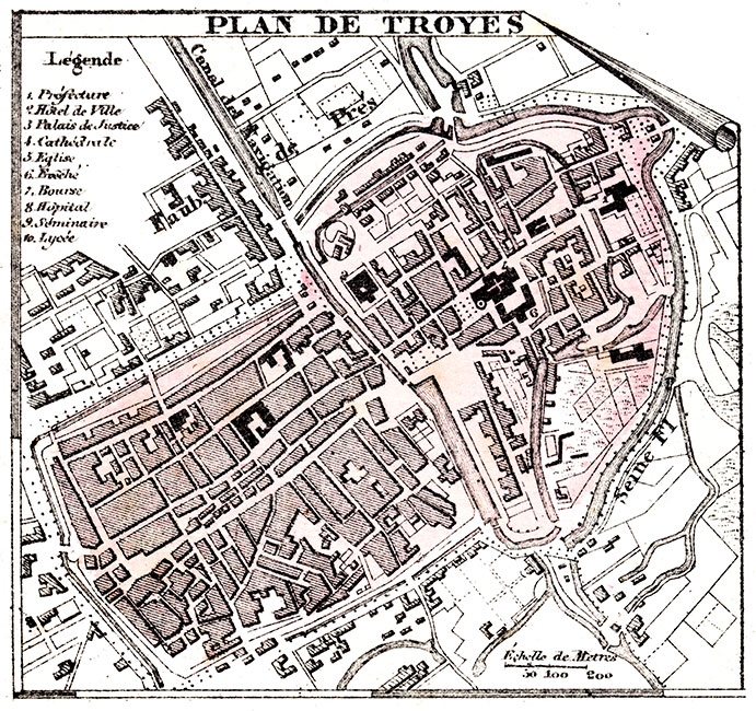 Plan de Troyes vers 1880 - gravure reproduite et restaurée numériquement par © Norbert Pousseur