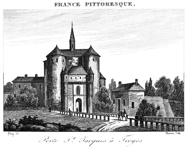La porte St Jacques  de Troyes, vers 1830 - gravure reproduite et restaurée numériquement par © Norbert Pousseur
