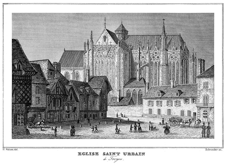 Eglise St Urbain à Troyes, vers 1835 - gravure reproduite et restaurée numériquement par © Norbert Pousseur