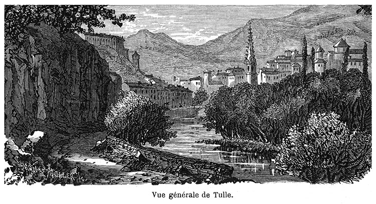 Tulle au bord de la Corrèze vers 1870,  - gravure reproduite et restaurée numériquement par © Norbert Pousseur