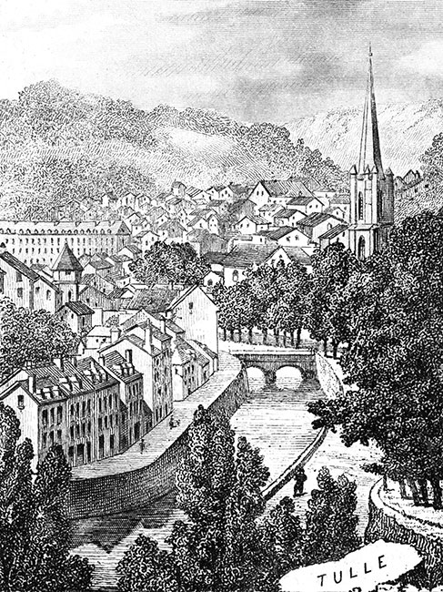 Gravure de la ville de Tulle, vers 1880 - gravure reproduite et restaurée numériquement par © Norbert Pousseur