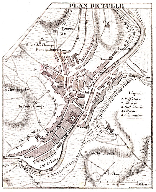 Plan de Tulle vers 1880 - gravure reproduite et restaurée numériquement par © Norbert Pousseur