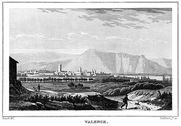 Valence au bord  du Rhône vers 1835 - gravure reproduite et retouchée numériquement par © Norbert Pousseur