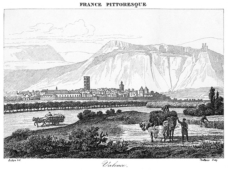 Valence dans la Drôme vers 1830 - gravure reproduite et retouchée numériquement par © Norbert Pousseur
