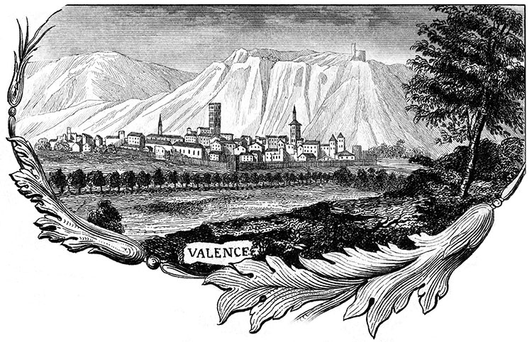 Valence dans la Drôme vers 1850 - gravure reproduite et retouchée numériquement par © Norbert Pousseur