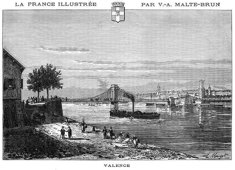Valence baignée par le Rhône, vers 1880 - gravure reproduite et retouchée numériquement par © Norbert Pousseur