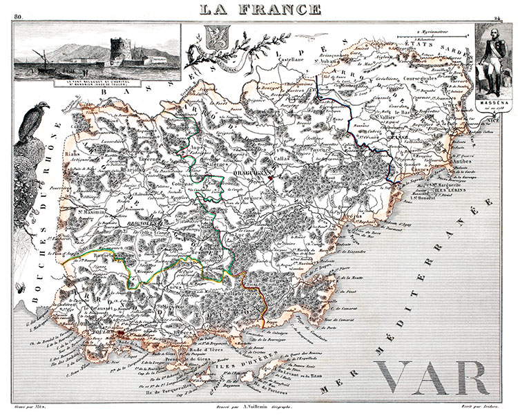 Carte du département du Var en 1851 - gravure reproduite et restaurée numériquement par © Norbert Pousseur
