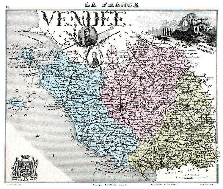 Carte de la  Vendée par Vuillemin en 1883 - gravure reproduite et restaurée numériquement par © Norbert Pousseur