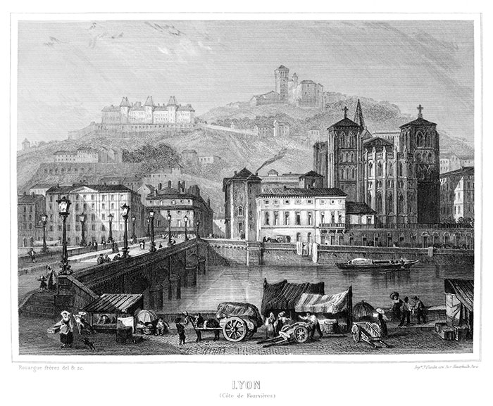 À Lyon, pont sur la Saône vers Fourvière - Gravure de 1859 reproduite puis restaurée par © Norbert Pousseur