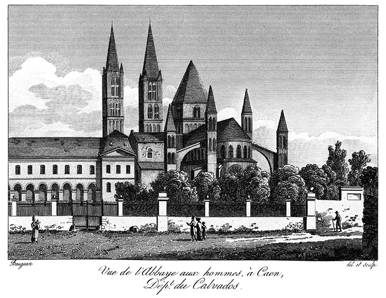 L'abbaye aux Hommes de Caen - gravure de 1827 d'un dessin de Baugean, reproduite puis restaurée par © Norbert Pousseur L'abbaye aux Hommes de Caen - gravure de 1827 d'un dessin de Baugean, reproduite puis restaurée par © Norbert Pousseur