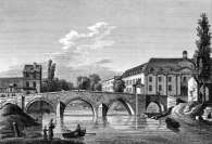 Pour zoom, Pont de Vaucelles à Caen - gravure de 1827 d'un dessin de Baugean, reproduite puis restaurée par © Norbert Pousseur